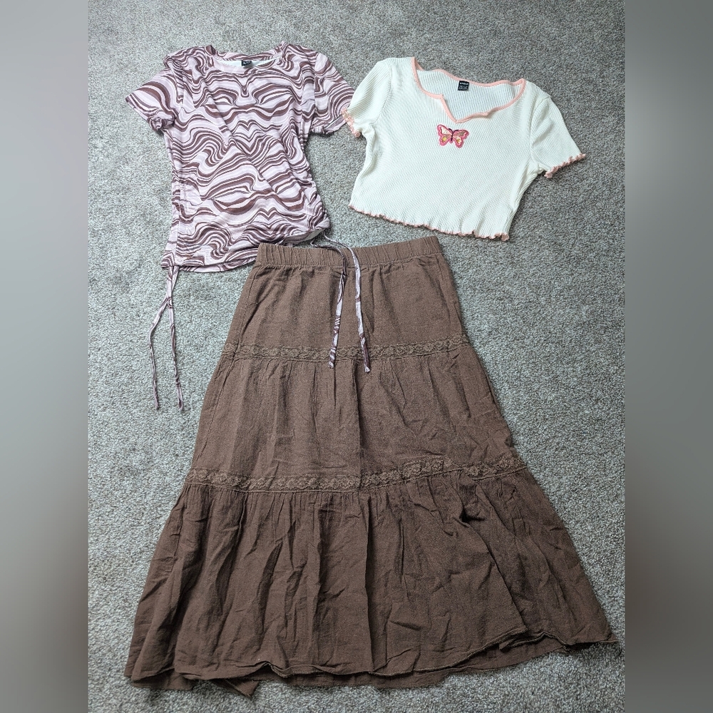 Brown Tiered Maxi Skirt 2 Shein Tops